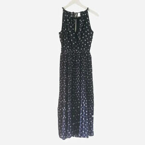 Maison Jules Size XS Sheer Pleated Eyelet Maxi Dress Navy Pink Boho
